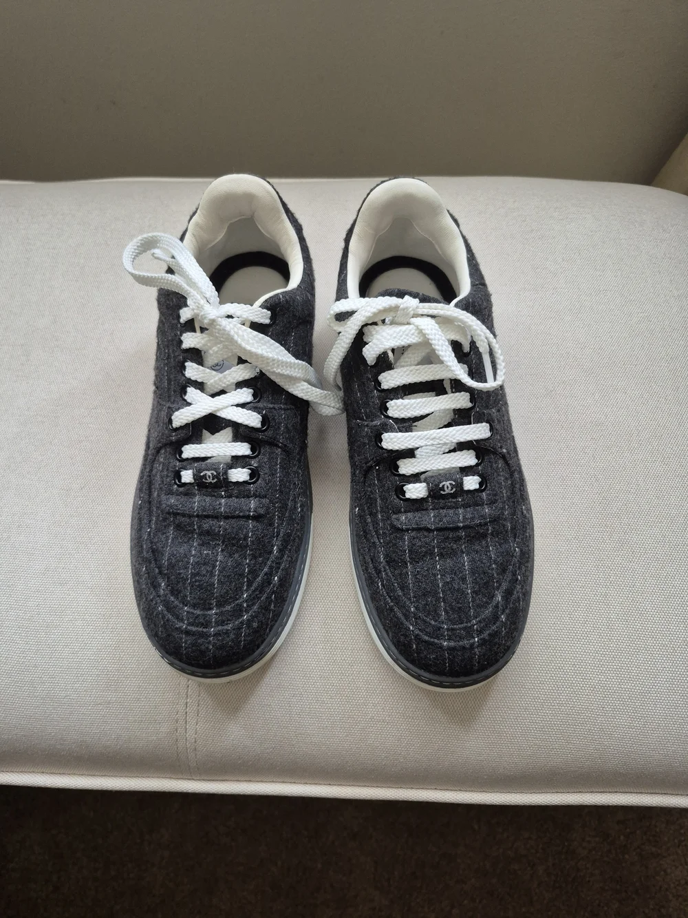 Chanel Men's Gray Pinstripe Low-Top Sneakers